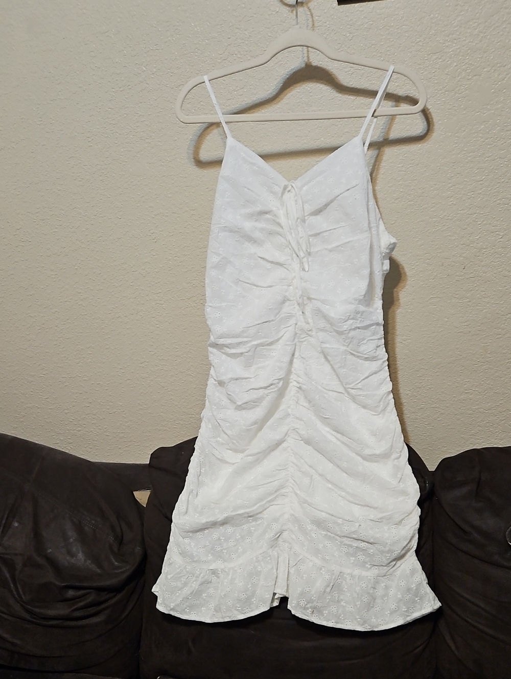 White Ruched Eyelet Midi Dress with Spaghetti Straps